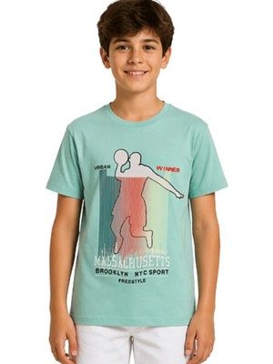 Çikoby Erkek Çocuk Dijital Baskılı Mint T-Shirt %100 Pamuk