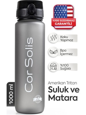 Cor Solis Suluk Matara Tritan 1050 ml Su Matarası - Pipetsiz, %100 Sızdırmaz Garantili, BPA ve Toksik İçermez, Koku Yapmaz, Dayanıklı Kumaş Askılı - Antrasit