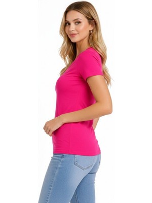 Marsilyan Kadın T-Shirt V Yaka Slim Fit Likralı Tişört Yazlık Basic Body - Pembe