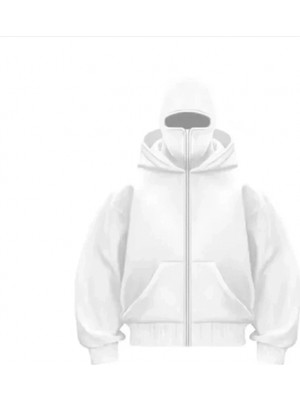 Marsilyan Samuray Ninja Çift Kapşonlu Zıp Fermuarlı Kanguru Çepli Tam Fermuarlı Hoodie  Sweatshirt - Beyaz