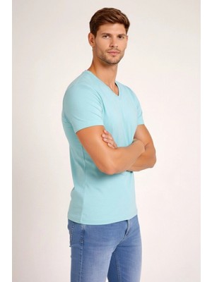 Marsilyan Erkek Body T-Shirt V Yaka Slim Fit Likralı Kısa Kol Tişört - Turkuvaz
