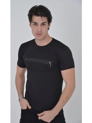 Marsilyan Göğüste Fermuar Aksesuarlı Dar Kalıp T-Shirt - Siyah -