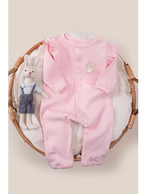 Vauva Kız Bebek Tulum %100 Pamuk Ribana Çıtçıtlı Nakışlı Fırfır Detaylı 3-24 Ay