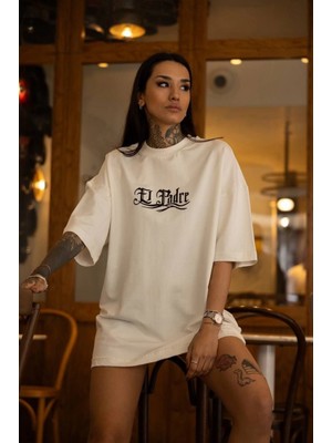 Marsilyan Bisiklet Yaka Baskılı Oversize T-Shirt - Beyaz -