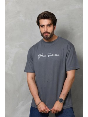 Marsilyan Erkek Baskılı T-Shirt Kısa Kol Bisiklet Yaka Regular Fit Tişört - Füme
