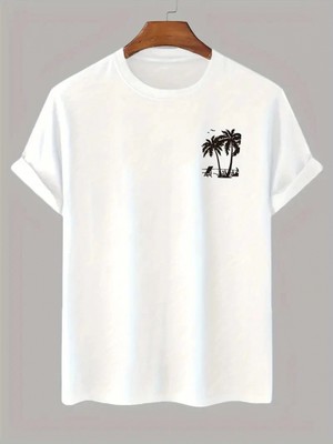 Marsilyan 20/1 Penye Compack Palmiye Ön Baskılı Oversize Bisiklet Yaka Kısa Kol Yazlık T-Shirt - Beyaz -