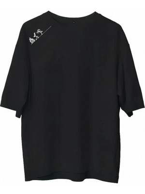 Marsilyan Bisiklet Yaka Baskılı Oversize T-Shirt - Siyah -