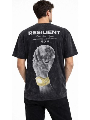 Marsilyan Erkek Asit Yıkamalı Baskılı Tişört Bisiklet Yaka Kısa Kollu Streetwear T-Shirt - Siyah