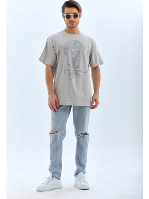 Marsilyan Oversize Taşlı Bisiklet Yaka T-Shirt - Gri -