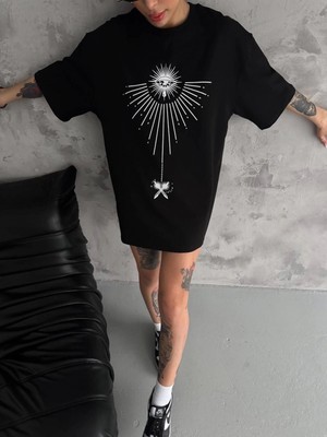 Marsilyan Bisiklet Yaka Baskılı Oversize T-Shirt - Siyah