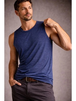 Marsilyan Erkek Flamlı Kumaş Kolsuz Atlet Günlük Fitness Spor T-Shirt - Indigo