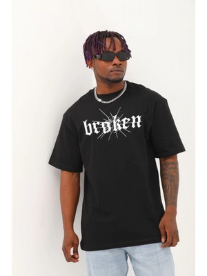 Marsilyan Oversize Baskılı Bisiklet Yaka T-Shirt - Siyah -
