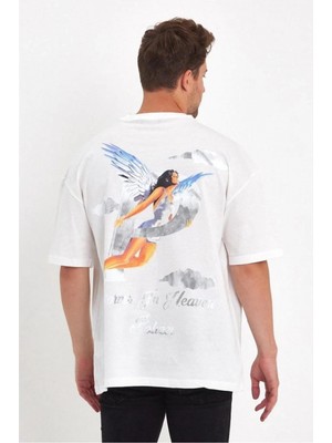 Marsilyan Melek Baskılı Oversize T-Shirt - Beyaz -