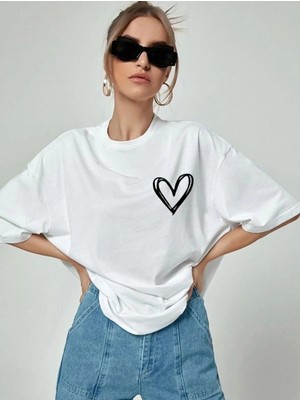Marsilyan Bisiklet Yaka Baskılı Oversize T-Shirt - Beyaz -