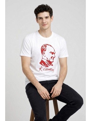 Marsilyan Erkek Atatürk Baskılı Tişört Kısa Kollu Bisiklet Yaka T-Shirt - Beyaz