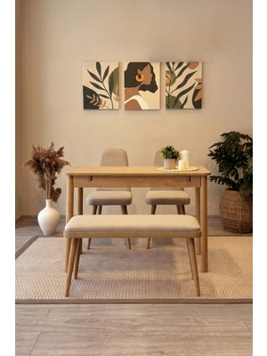 Maq Home Vina Mini Açılır Ahşap Mutfak Masası Takımı (1 Masa + 2 Sandalye + 1 Bench)