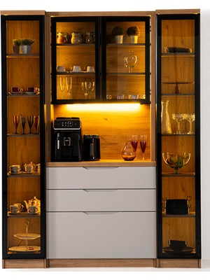 Maq Home Breda +2 Yan Modüllü Led Aydınlatmalı Kahve Köşesi ve Çok Amaçlı Dolap