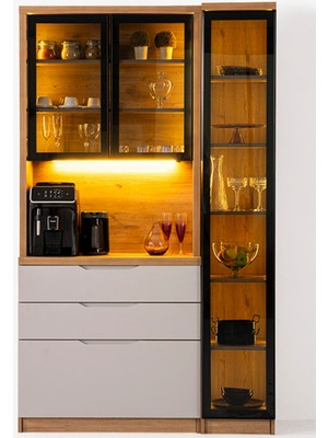 Maq Home Breda +1 Yan Modüllü Led Aydınlatmalı Kahve Köşesi ve Çok Amaçlı Mutfak Dolabı