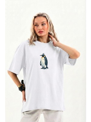 Marsilyan Kadın T-Shirt Penguen Baskılı Bisiklet Yaka Kısa Kol Yazlık Tişört - Beyaz