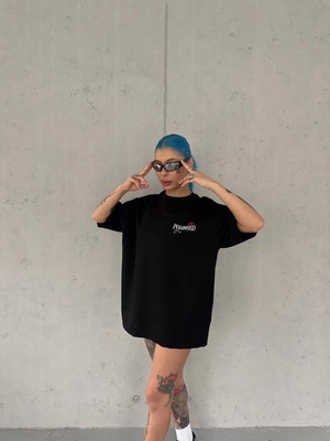 Marsilyan Kadın Bisiklet Yaka Baskılı Kısa Kol Oversize T-Shirt - Siyah