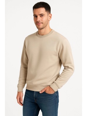 Marsilyan Üç Iplik Düz Bisiklet Yaka Sweatshirt - Bej -