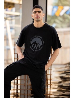 Marsilyan Bisiklet Yaka Baskılı Oversize T-Shirt - Siyah -