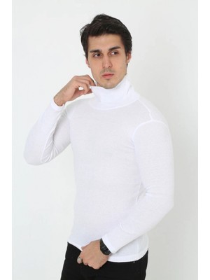 Marsilyan Erkek Fitilli Kaşkorse Kumaş Boğazlı Full Likralı Slimfit Body - Beyaz