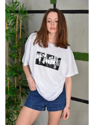 Marsilyan Bisiklet Yaka Baskılı Oversize T-Shirt - Beyaz -