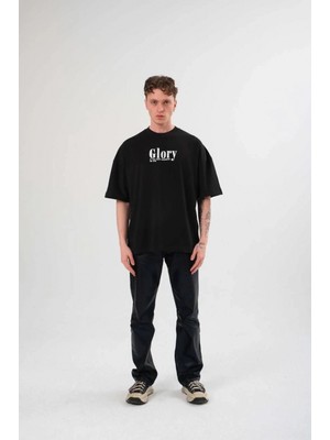Marsilyan Bisiklet Yaka Baskılı Oversize T-Shirt - Siyah -