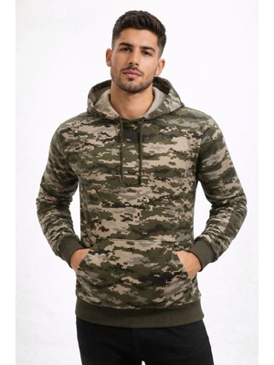 Marsilyan Erkek Kamuflaj Desenli 2 Iplik 4 Mevsim Kapüşonlu Kanguru Cepli Hoodie Sweatshirt - Kamuflaj