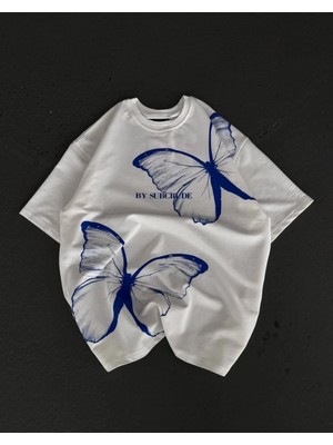 Marsilyan Bisiklet Yaka Baskılı Oversize T-Shirt - Beyaz