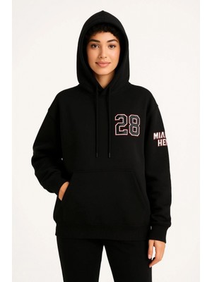 Marsilyan Üç Iplik Kapüşonlu Ön ve Arka Baskılı Sweatshirt Hoodie - Siyah -