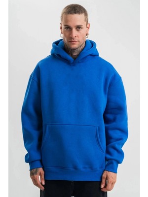 Marsilyan Saks Mavi Double Oversize 3 Iplik Pamuklu Kapüşonlu Kanguru Cepli Sweatshirt Hoodie - Saks Mavi
