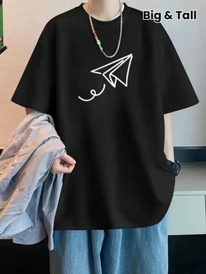 Marsilyan 20/1 Penye Compack Uçak Baskılı Oversize Bisiklet Yaka Kısa Kol T-Shirt - Siyah -