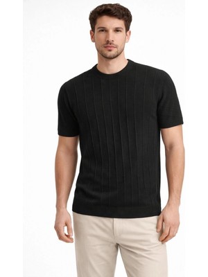 Marsilyan Erkek Yazlık Fitilli Triko Tişört Kısa Kol Bisiklet Yaka T-Shirt - Siyah