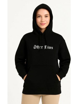 Marsilyan Kapşonlu Sweatshirt – Oversize“other Lives” Ön  Arka Baskılı, Siyah -