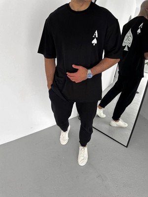 Marsilyan Bisiklet Yaka Baskılı Oversize T-Shirt - Siyah