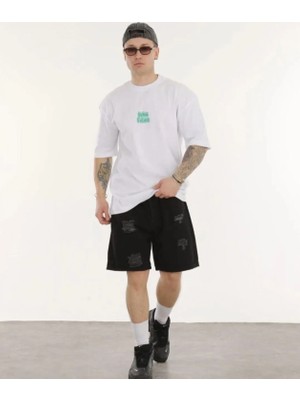 Marsilyan Bisiklet Yaka Baskılı Oversize T-Shirt - Beyaz