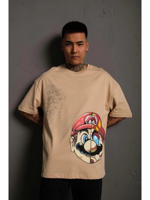 Marsilyan Mario Baskılı Oversize T-Shirt - Bej -