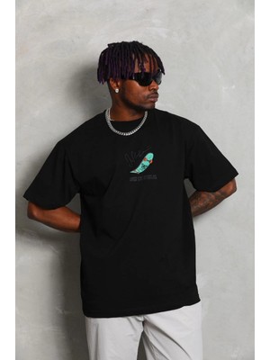 Marsilyan Oversize Baskılı Bisiklet Yaka T-Shirt - Siyah -