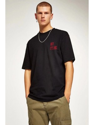 Marsilyan Bisiklet Yaka Oversize Baskılı T-Shirt - Siyah -