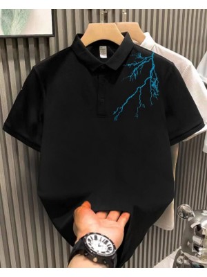 Marsilyan Yakası Düğmeli Oversize Baskılı T-Shirt - Siyah -