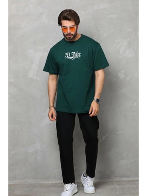 Marsilyan Bisiklet Yaka Baskılı Oversize T-Shirt - Yeşil -
