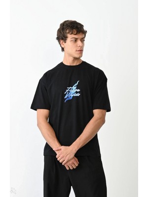 Marsilyan Bisiklet Yaka Baskılı Oversize T-Shirt - Siyah -