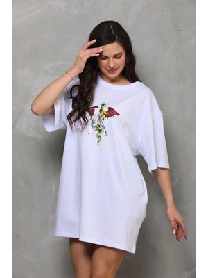 Marsilyan Bisiklet Yaka Baskılı Oversize T-Shirt - Beyaz -