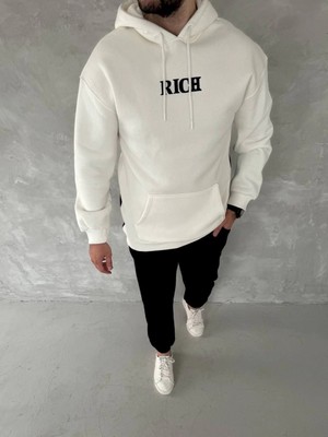 Marsilyan Uzun Kol Kapüşonlu Göğüs Baskılı Sweatshirt - Beyaz -