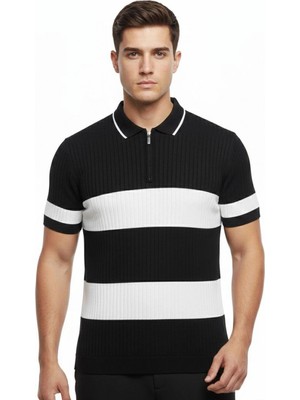 Marsilyan Erkek T-Shirt Çizgili Triko Kumaş Polo Yaka Yarım Fermuarlı Kısa Kol Tişört - Siyah