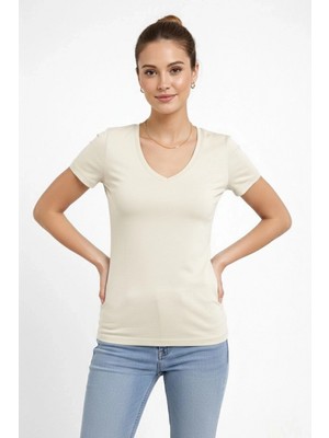 Marsilyan Kadın T-Shirt V Yaka Slim Fit Likralı Tişört Yazlık Basic Body - Taş