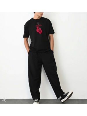 Marsilyan Bisiklet Yaka Baskılı Oversize T-Shirt - Siyah -