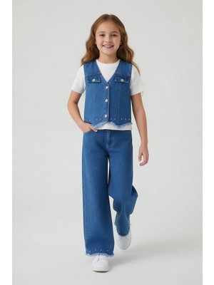 Cansın Mini Mavi Inci Detaylı Geniş Paça Pantolonlu Jean Yelekli Kız Çocuk 3lü Takım 24072
